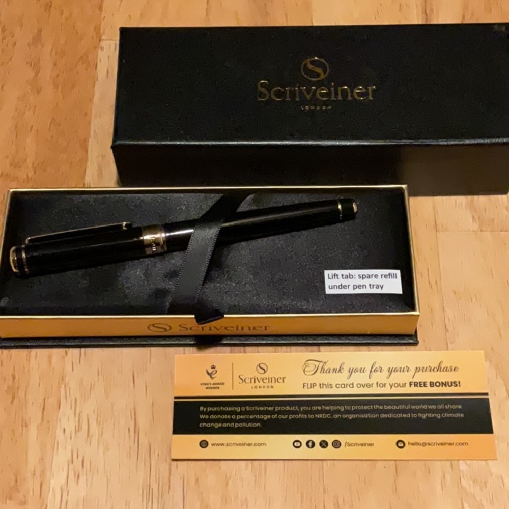 Scriveiner London Classic Black & Gold Luxury Rollerball Pen w/ spare refill New